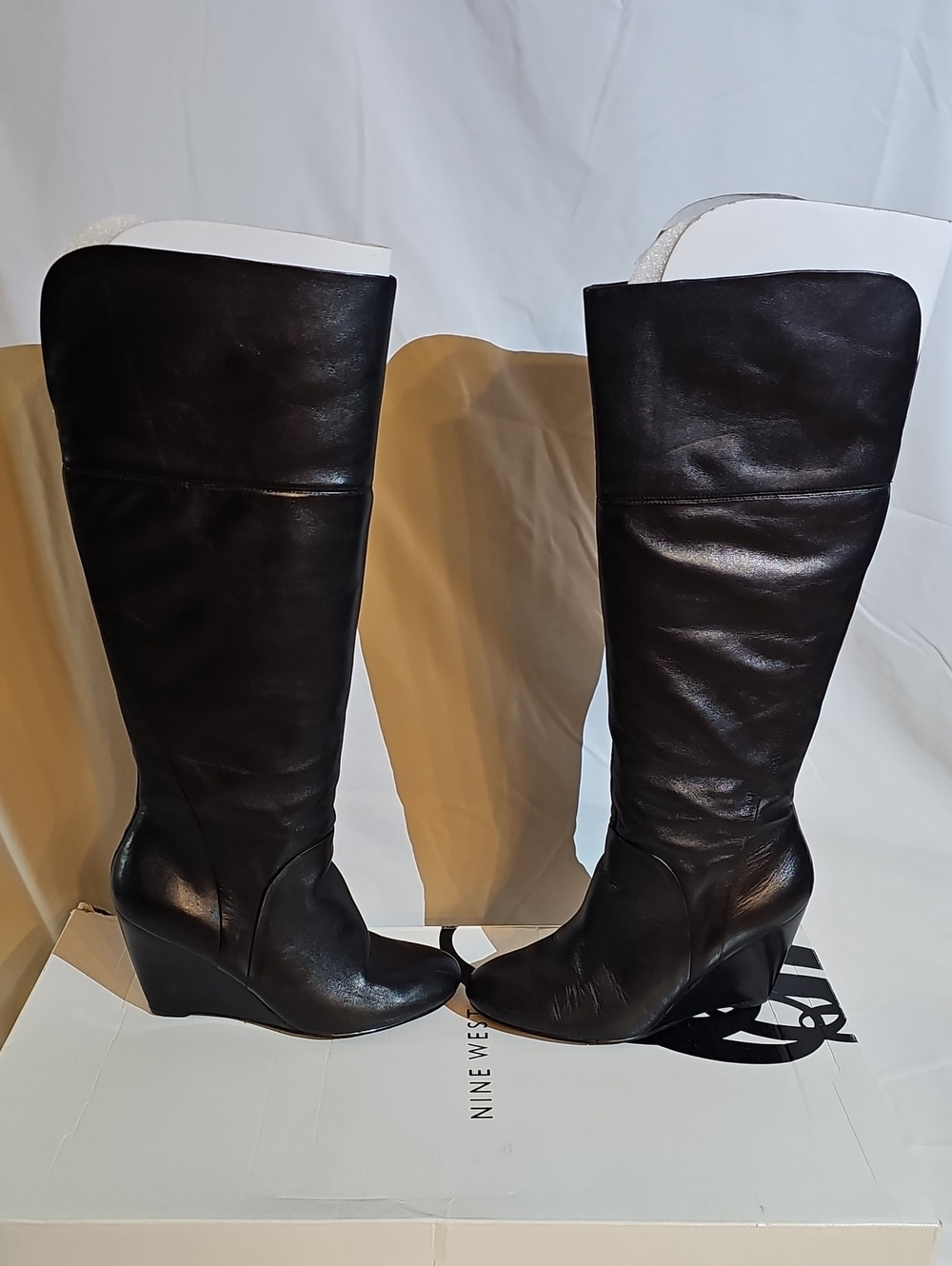 Nine West Black Leather Wedge Knee Boots